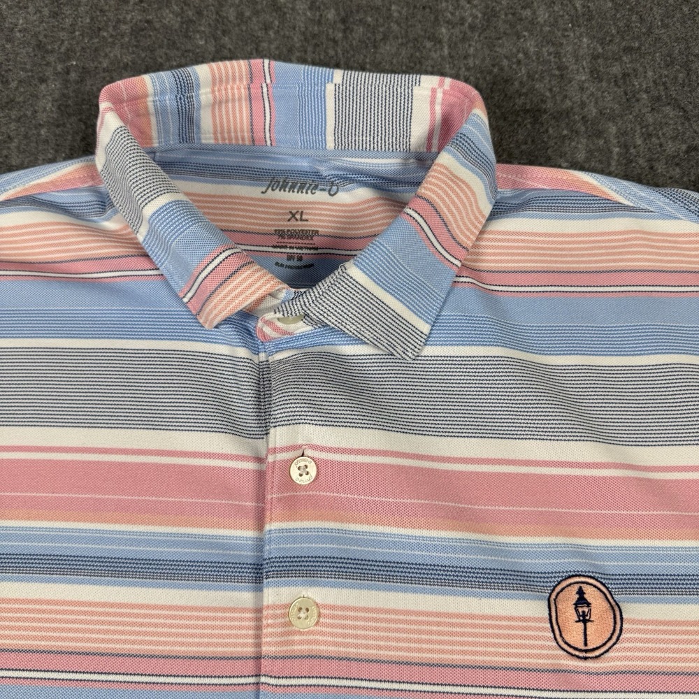 Johnnie-O Polo Shirt Men's XL Blue Pink Striped Stretch Golf Performance
